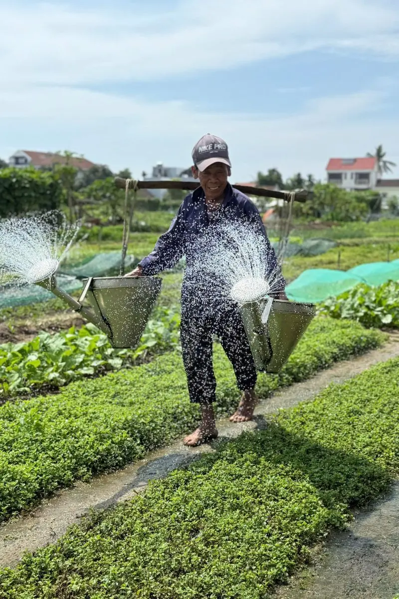 Local farmer watering vegetable garden in Tra Que village featured in danang tours