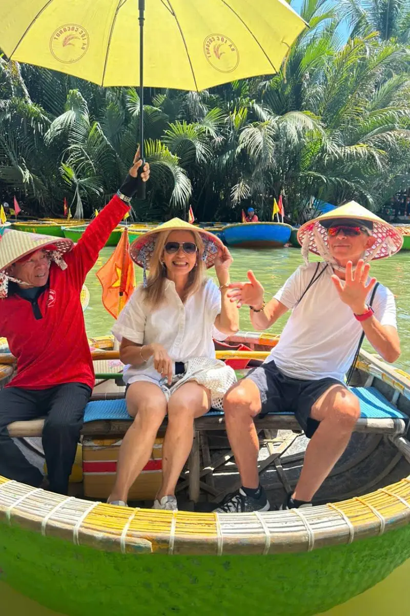 Tourists enjoying basket boat in Hoi An during danang tours